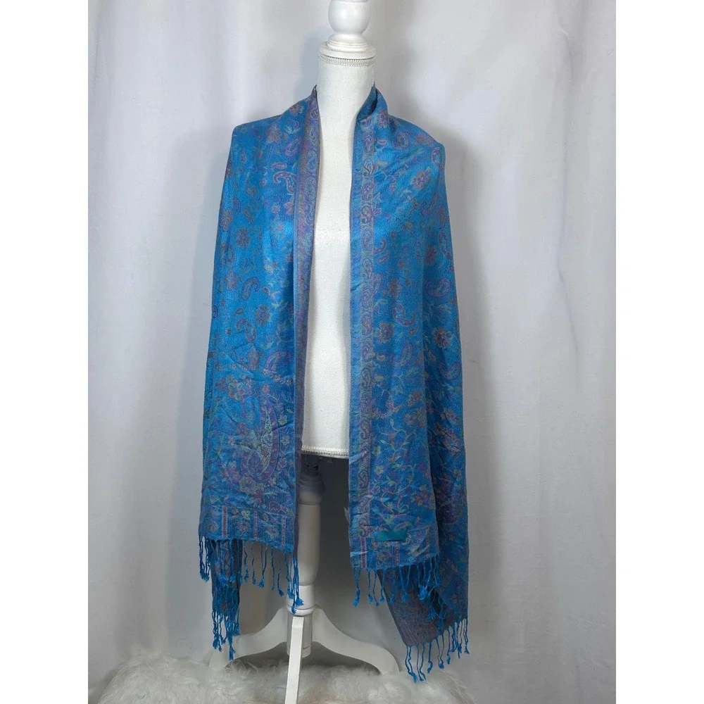 Blue Paisley Jacquard Pashmina Shawl Scarf Fringe Wrap Floral Print Boho
